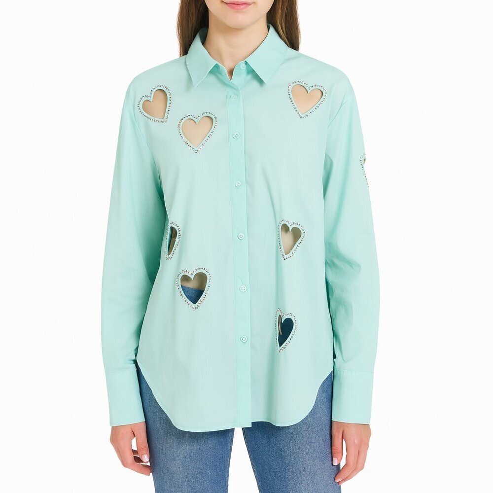 Alice + Olivia Finley Heart Cutout Embellished Mint Cotton Top M